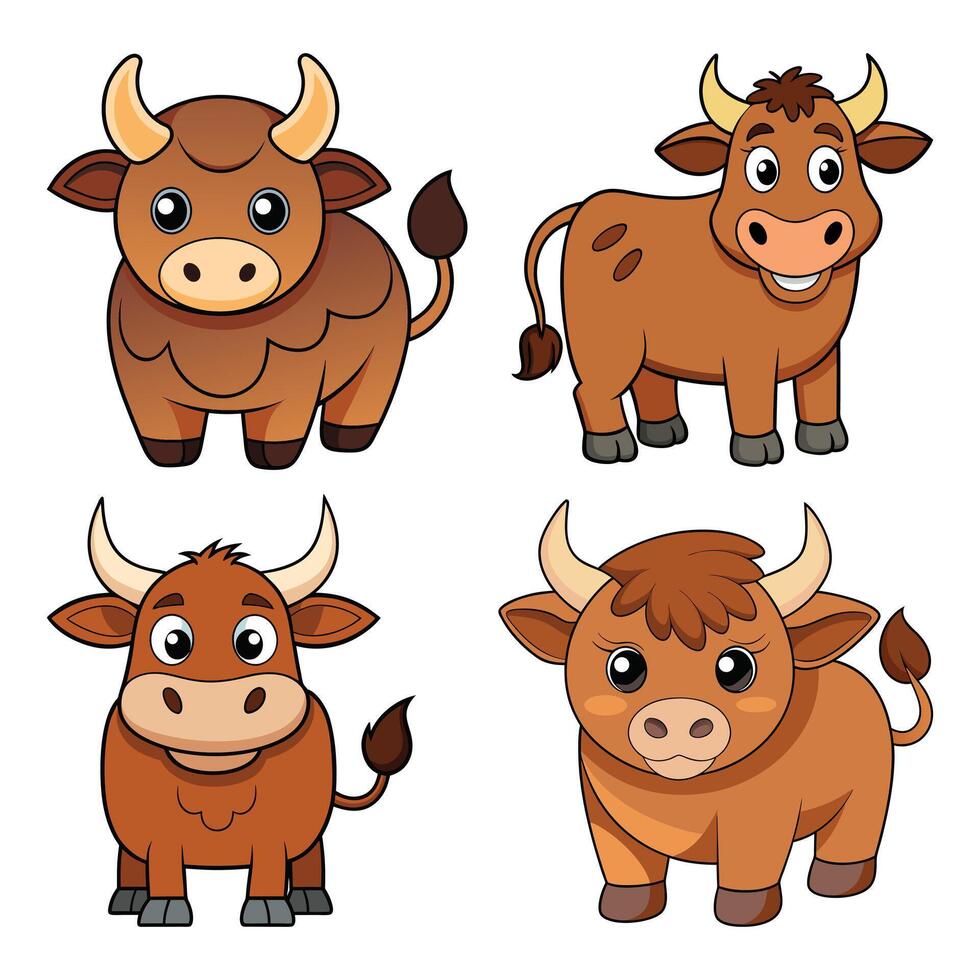 Set of Cute Cartoon Cows and Bulls with Smiling Faces and Playful Expressions vector