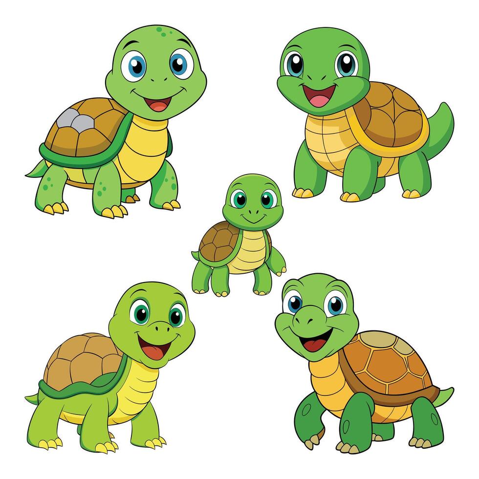 Set of Cute Cartoon Turtles with Smiling Faces and Playful Expressions vector