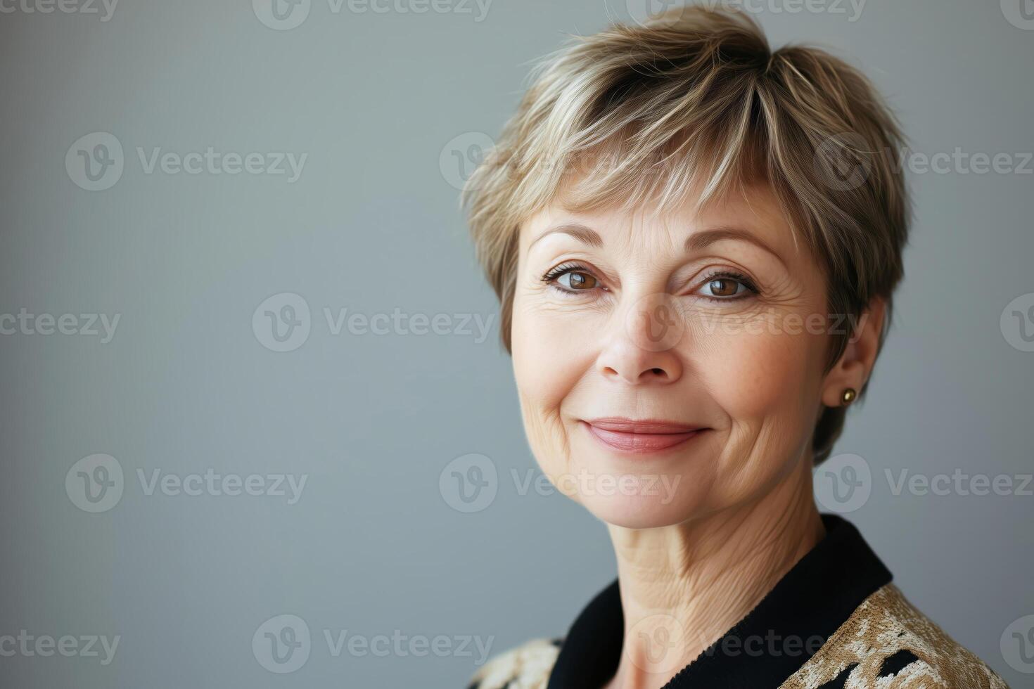 Confident mature woman with a warm smile, standing against a sim photo