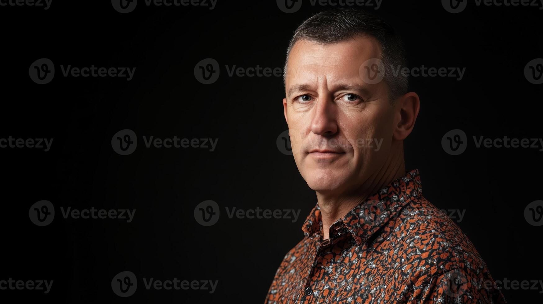 A middle-aged man stares confidently at the camera, wearing a patterned casual shirt. The image is focused against a dark background, emphasizing his poised expression and mature presence. photo