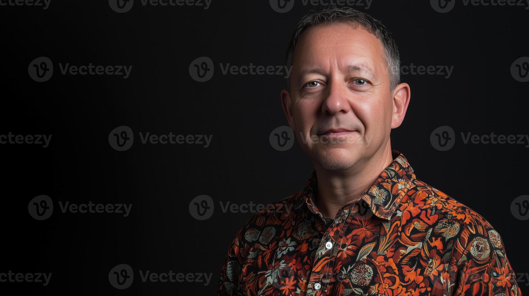 Portrait of a confident man wearing a colorful floral shirt, standing against a dark background. His relaxed expression and casual attire convey a sense of individuality and style photo