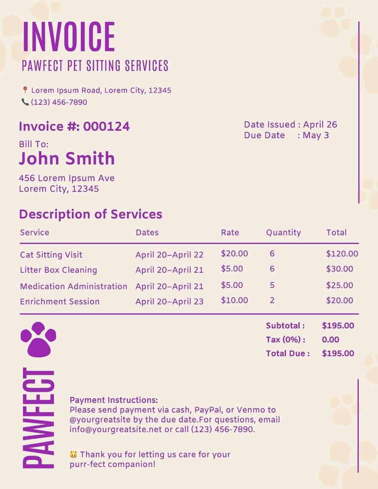 Purple Cream Minimalistic Clean Invoice for Pet Sitting Services template