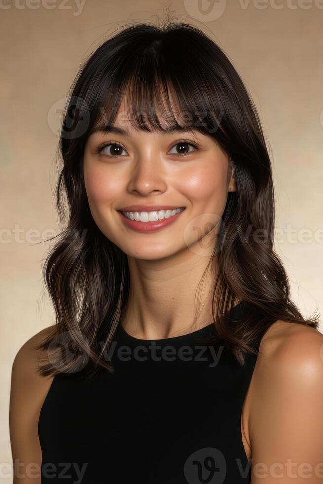 Confident and cheerful woman with a radiant smile against beige background photo