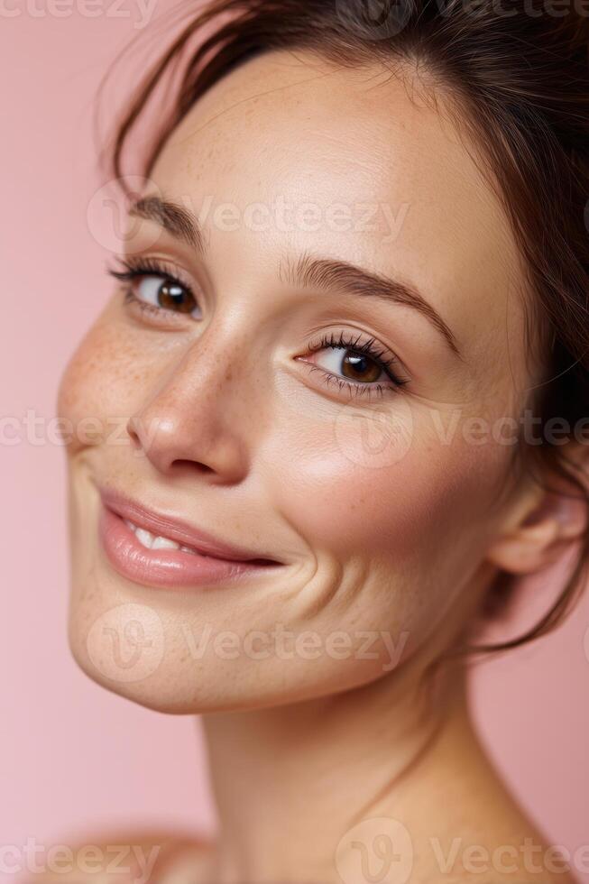 Close-up of a smiling woman with natural skin on a pink background photo