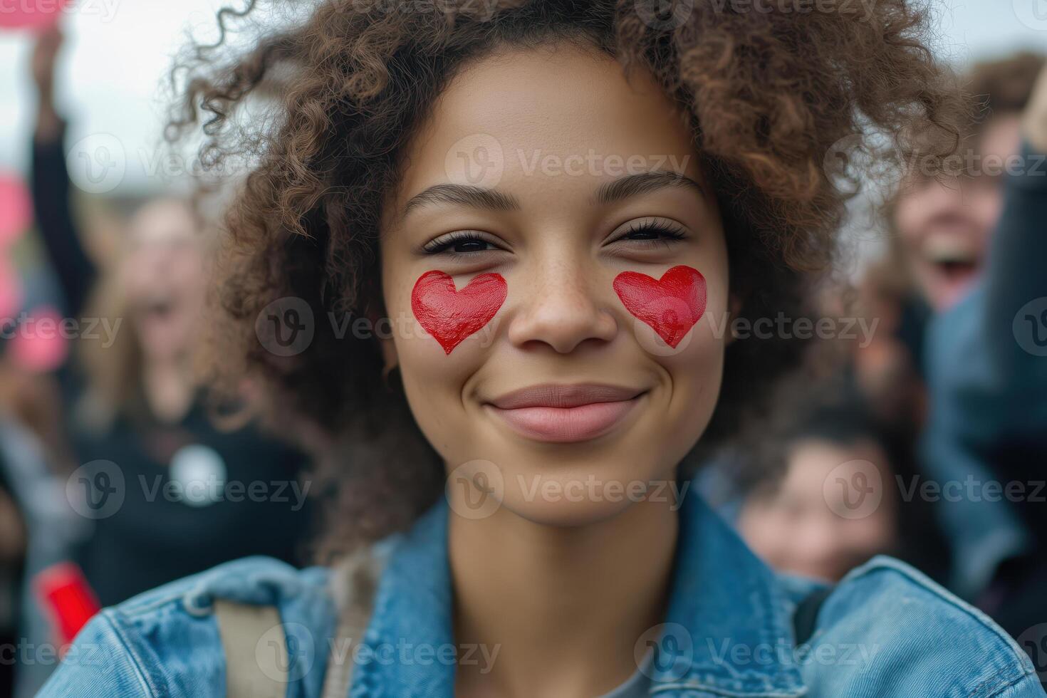 Smiling young woman with heart designs on cheeks at outdoor gathering photo