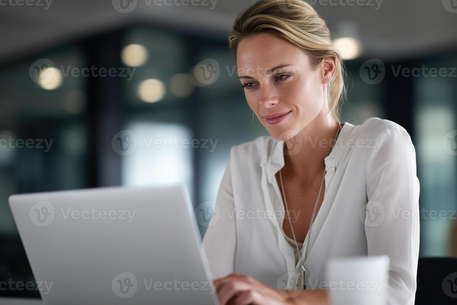 Professional woman smiling while working on a laptop in a modern office photo