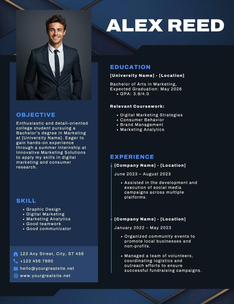 Dark Blue and Black Internship Resume template