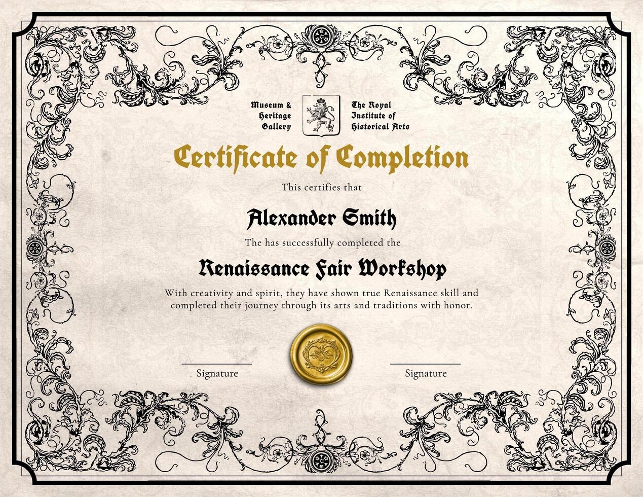 Renaissance Fair Workshop Certificate of Completion in Victorian Theme template