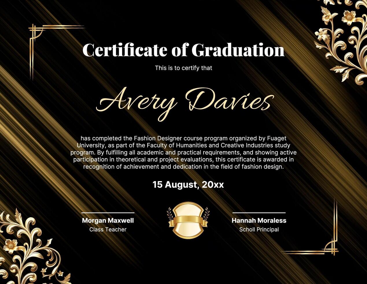 black gold elegant graduation certificate template