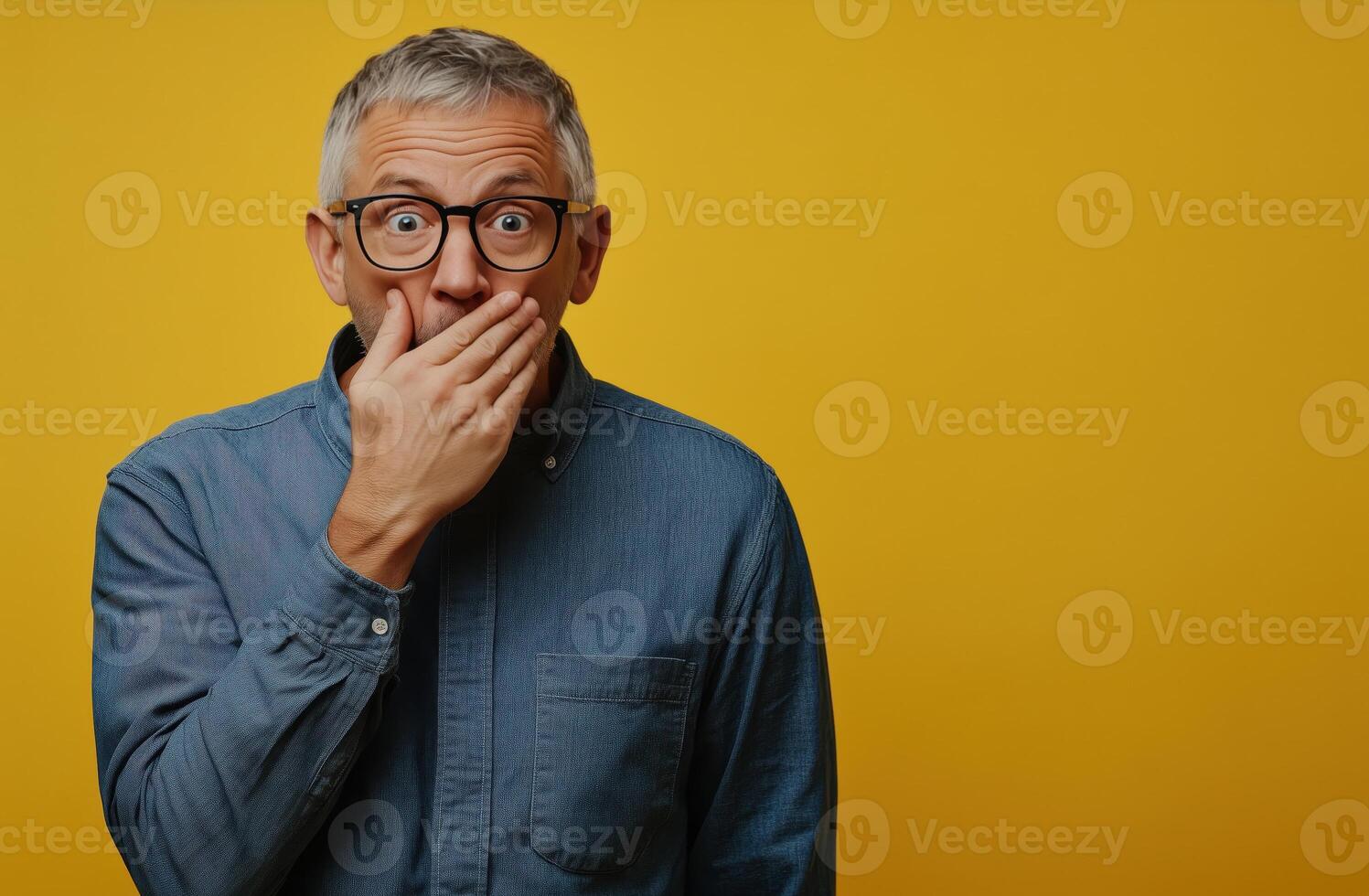 Surprised man covering mouth with hand on yellow background photo