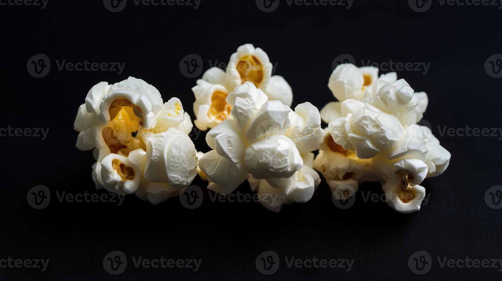 Close-up shot of freshly popped popcorn against a dark background, presenting vivid textures and popping details. This visual highlights the food's iconic appeal, synonymous with snacking and movies. photo