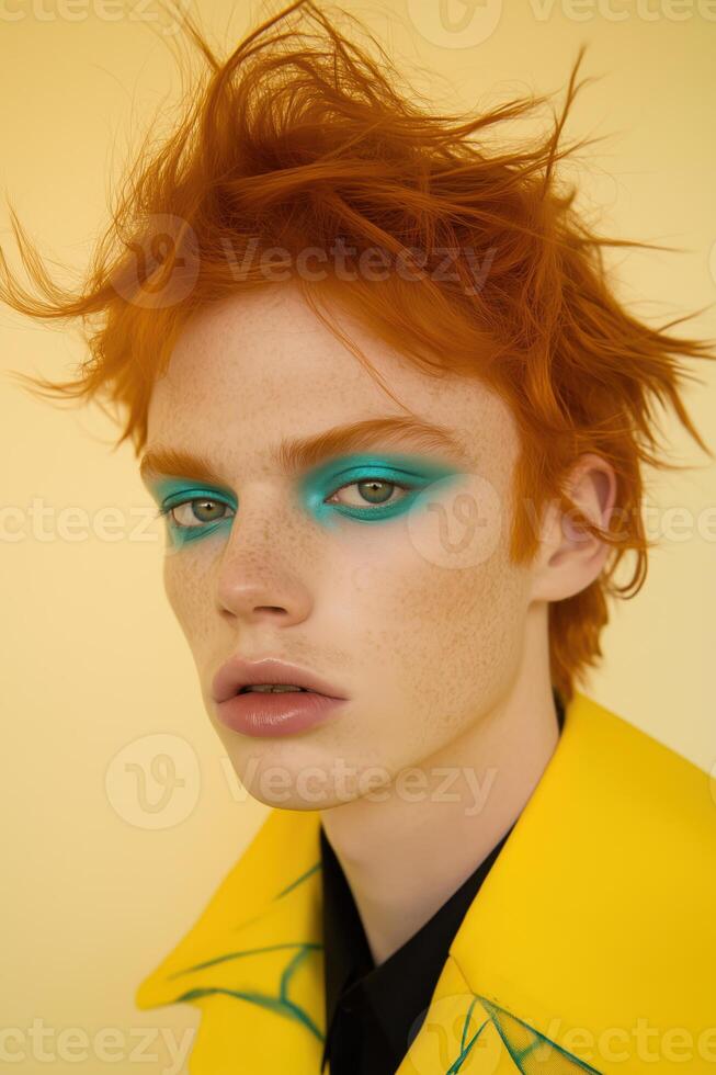 Fashion model with bold makeup and vibrant orange hair on yellow background photo