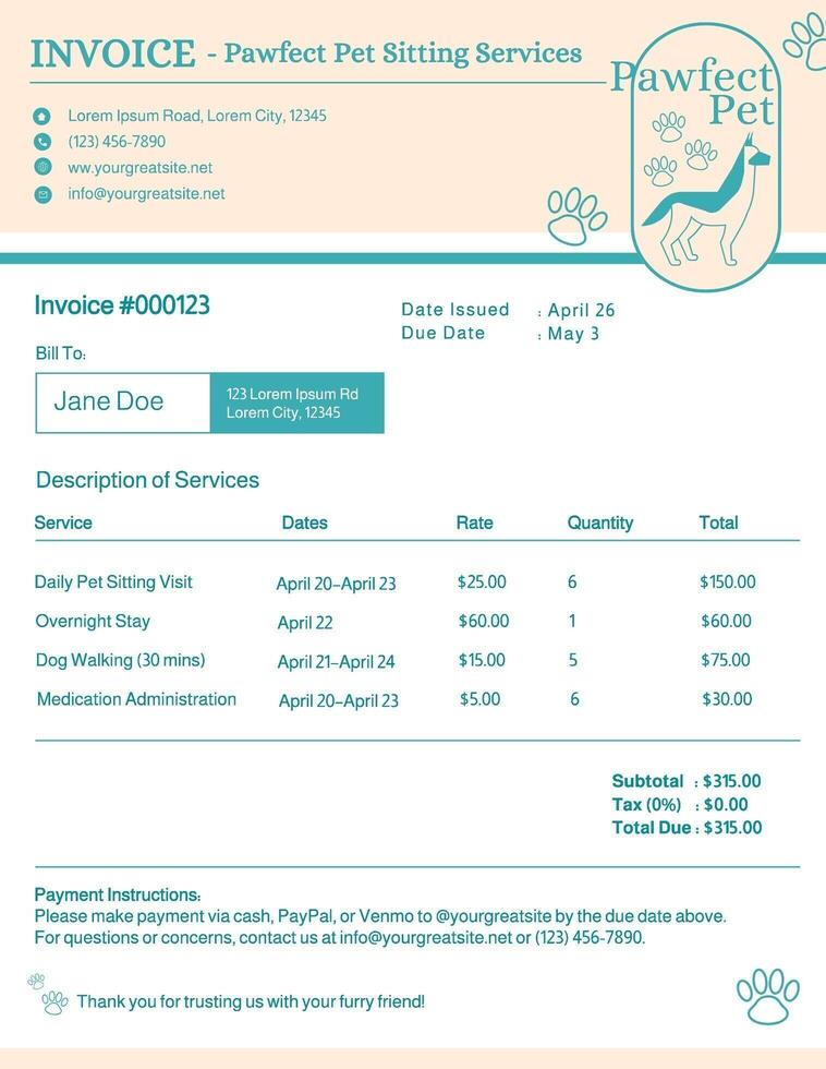 Pastel Teal Cream Minimalistic Clean Invoice for Pet Sitting Services template