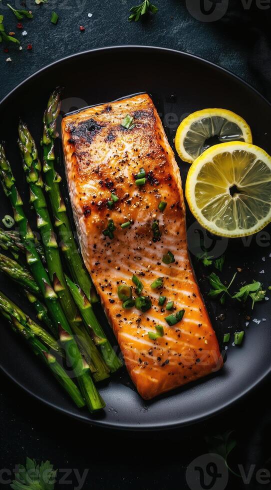 Grilled salmon fillet served with fresh asparagus and lemon slices on a plate photo