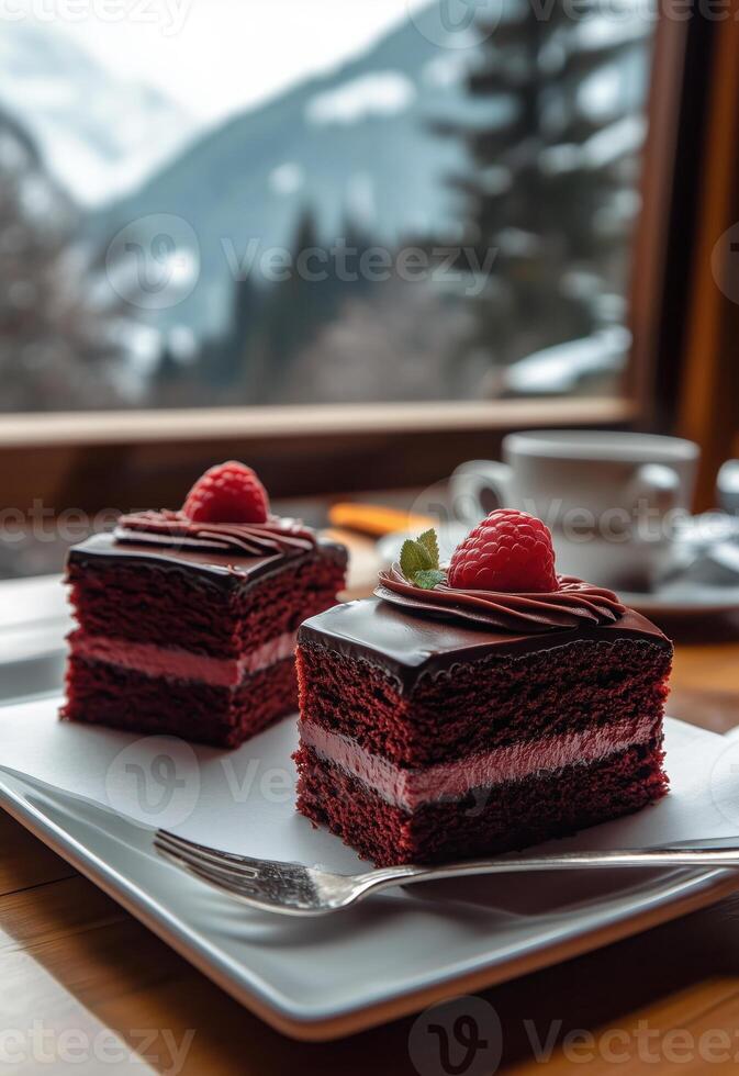 Delicious chocolate and raspberry dessert with snowy mountain view photo