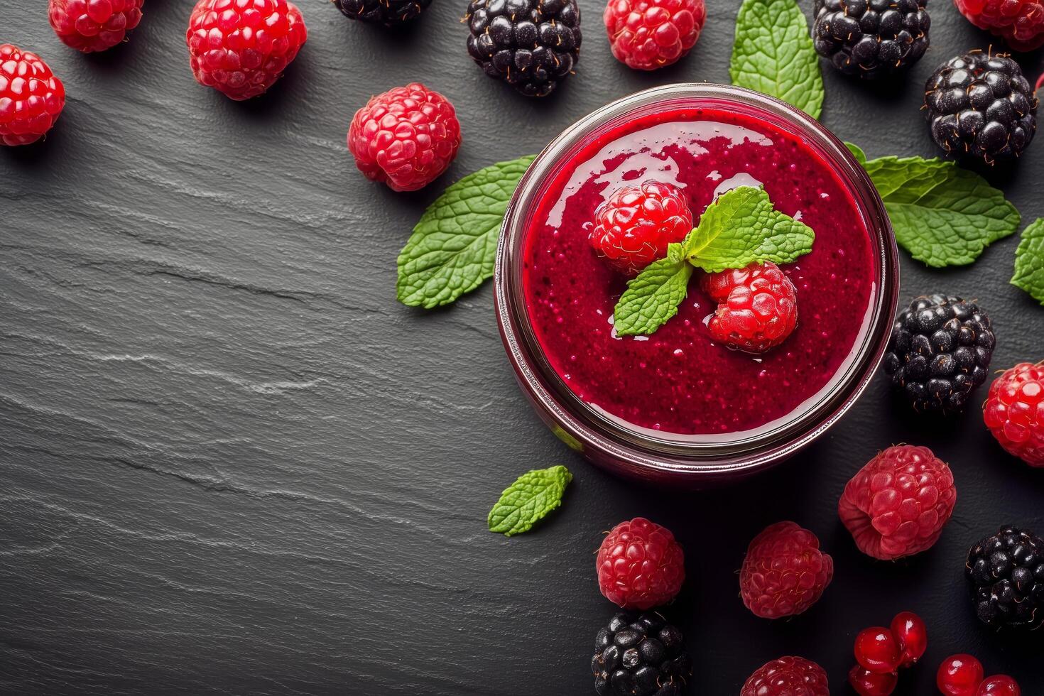 Delicious Berry Jam With Fresh Raspberries and Blackberries on a Slate Background photo