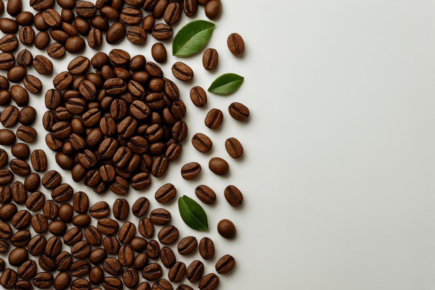 Coffee Beans Arranged Artistically With Green Leaves on a Light Background for a Natural Feel photo