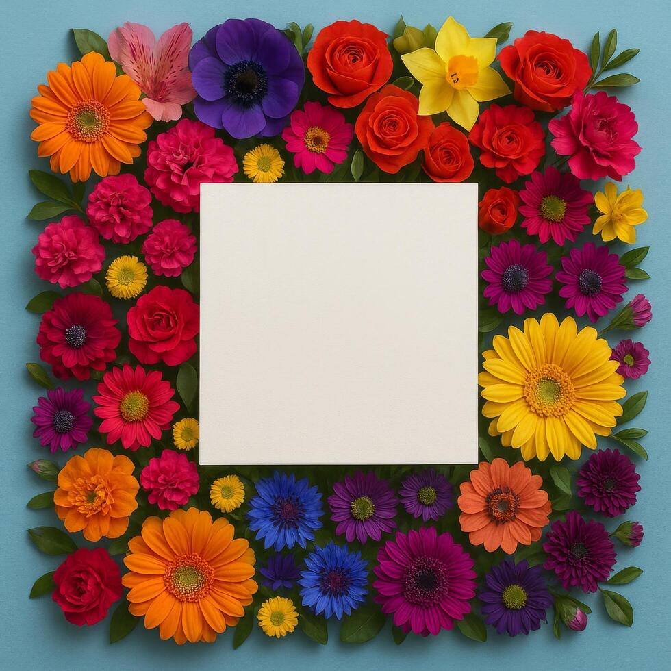 Vibrant Floral Arrangement Featuring Assorted Flowers and a Blank Center for Personalized Messages photo