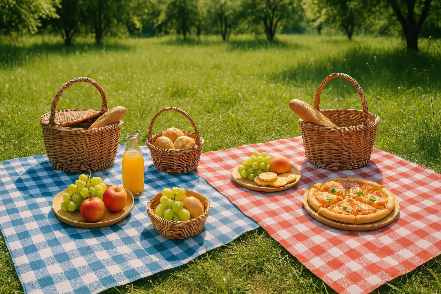 Perfect Picnic Setting With Food Baskets and Colorful Blankets in a Sunny Park photo