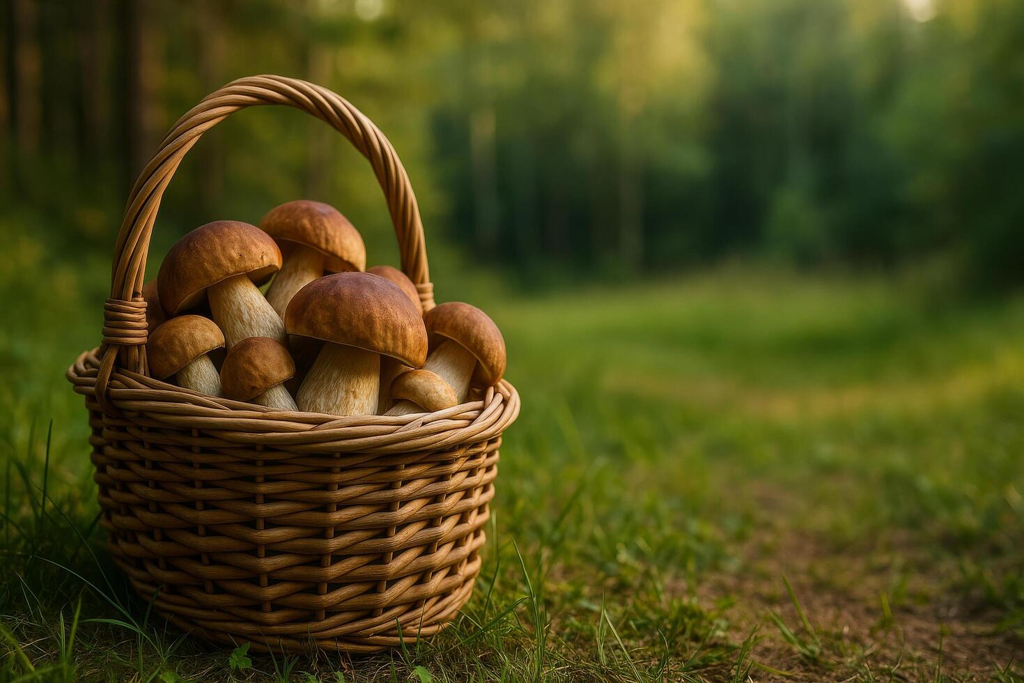 Mushroom Gathering in a Lush Forest Setting During the Early Evening Light photo