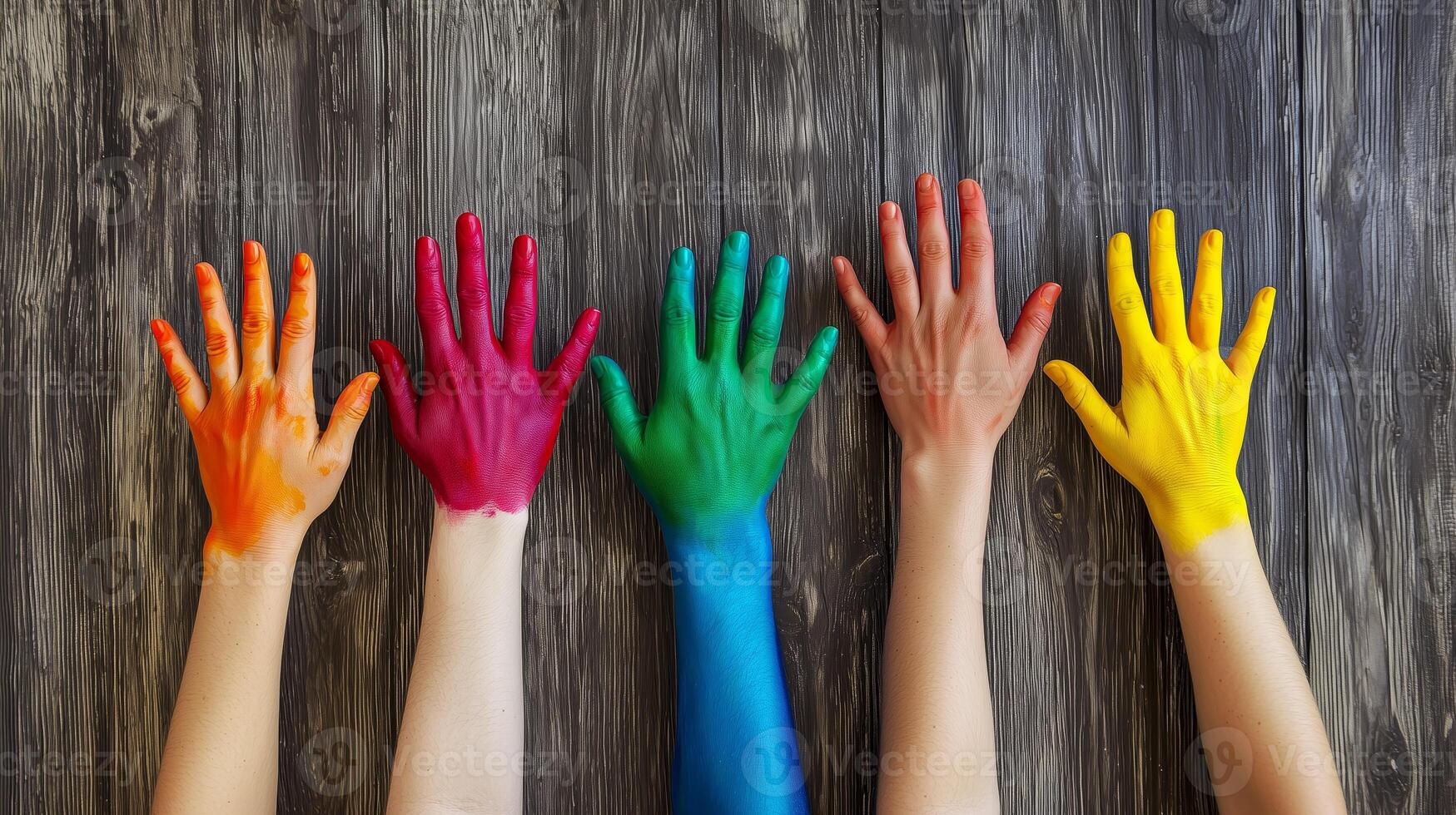Hands with different colors of paint on them, on a wooden background. 8 photo