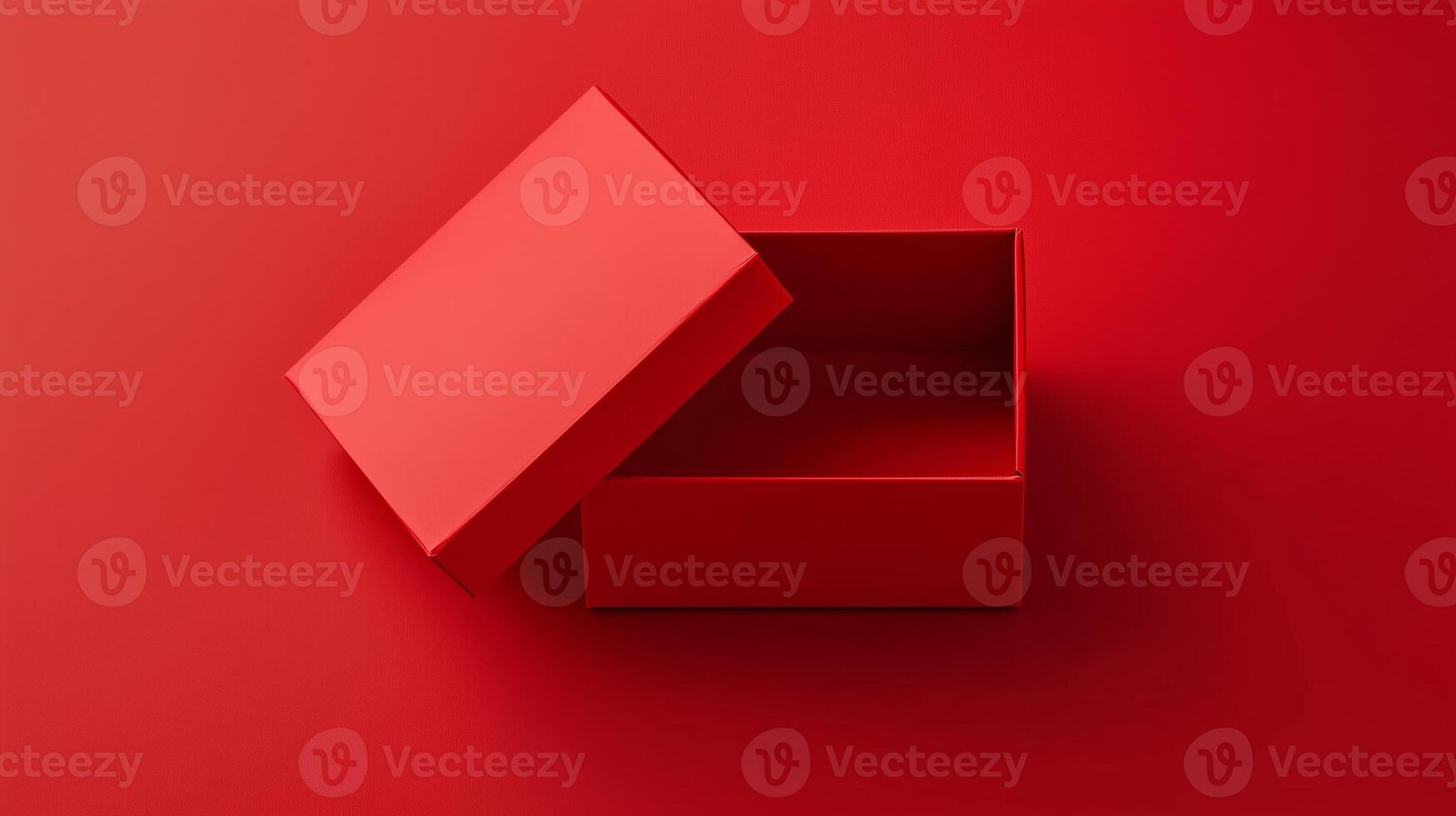 Empty red present carton box with lid opened, isolated on red background. 15 photo