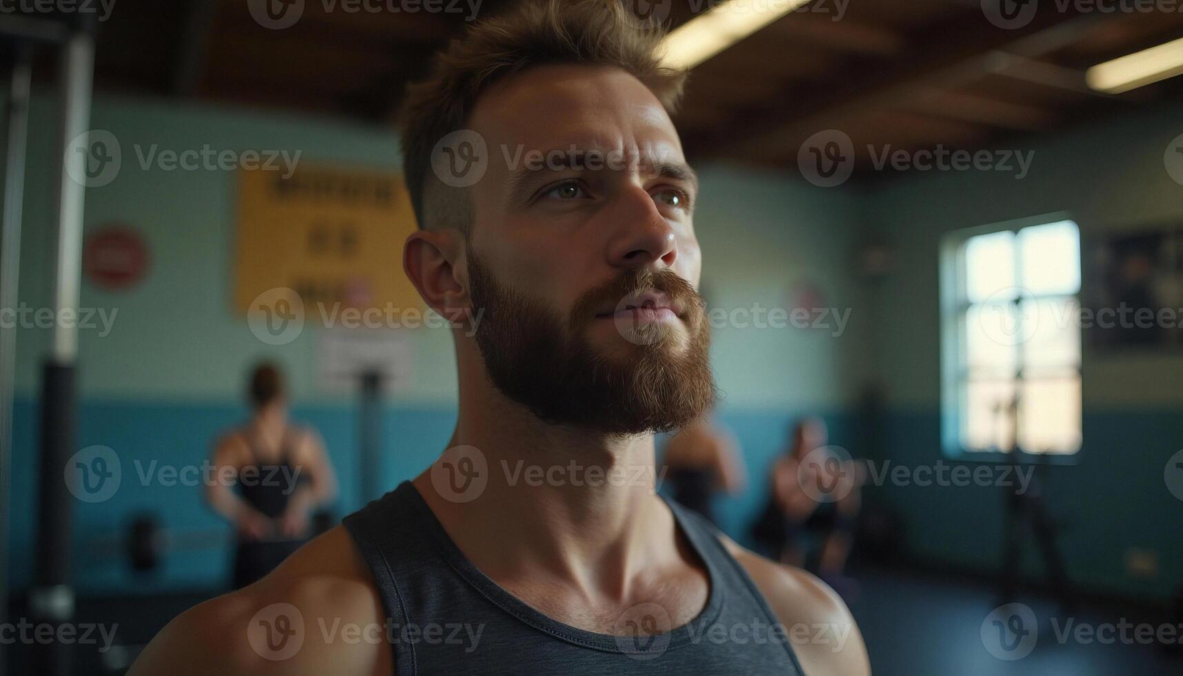 A man with a beard standing in a gym photo