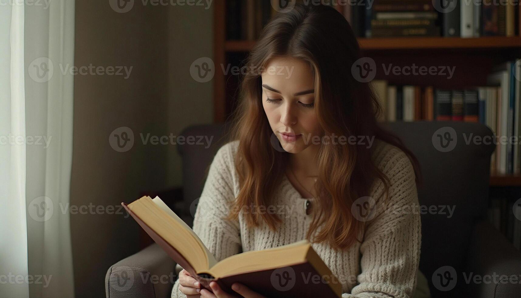 A woman is reading a book in front of a bookcase photo