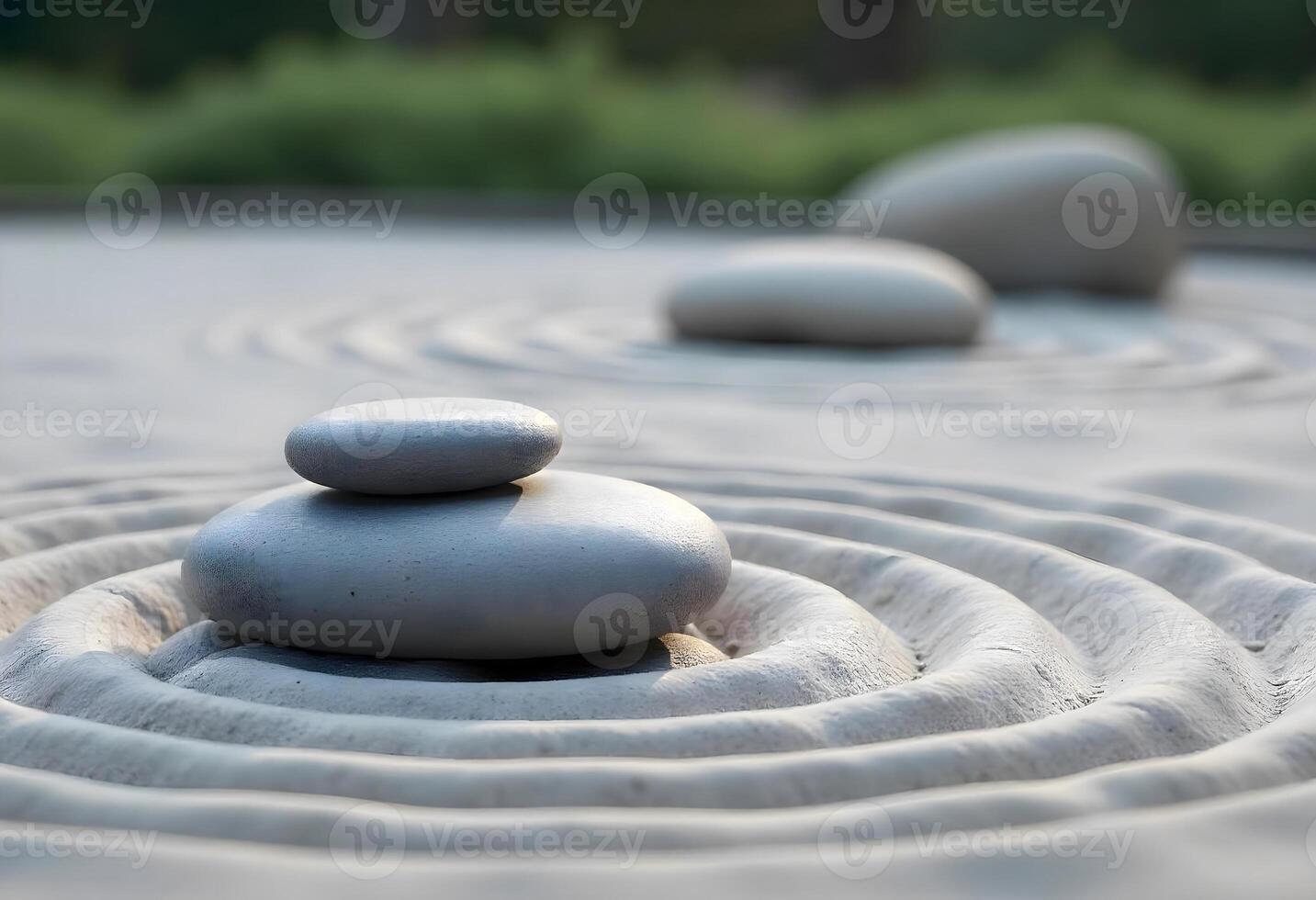 Zen Garden, Smooth Round Stones Nestled within Concentric Raked Sand Patterns, Creating a Calming Meditative Oasis of Balance and Serenity photo
