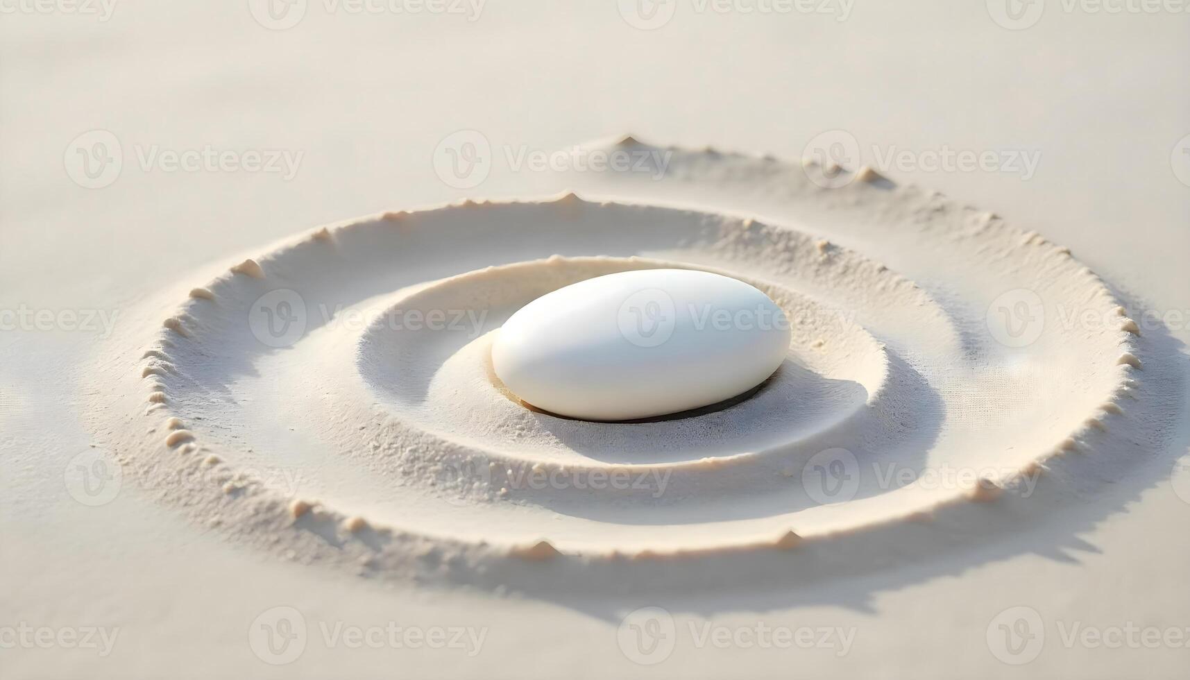 Minimalist white oval on warm sandy surface, concentric ripples creating geometric harmony, partially embedded design evoking serene balance and intentional aesthetics photo