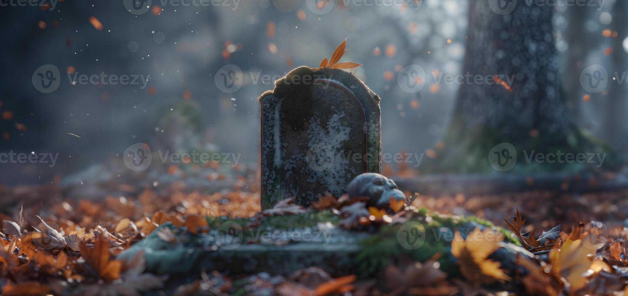 A tombstone in the middle of a forest with leaves falling photo
