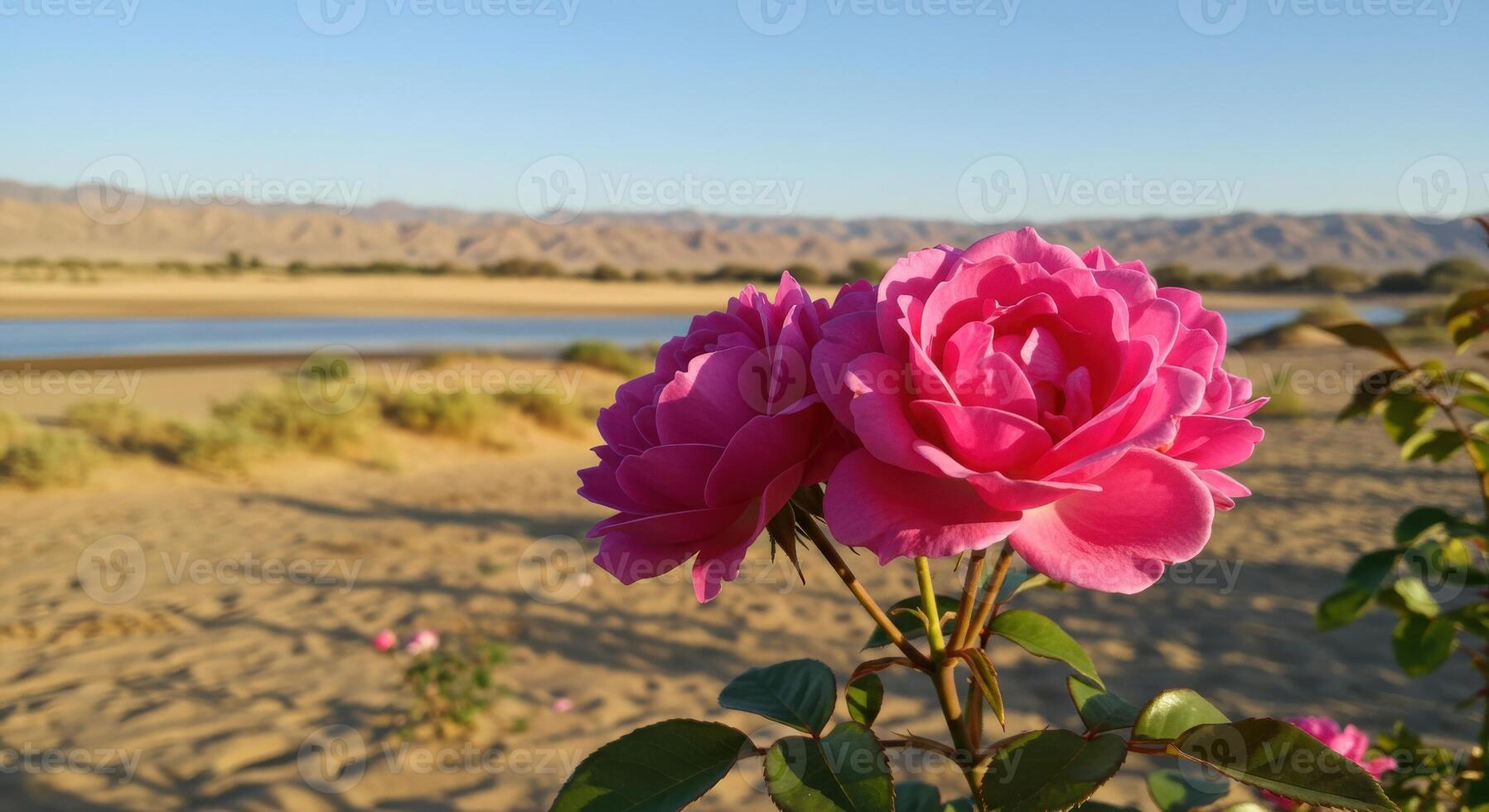 Nice Pink Roses Blooming Near a Scenic Desert Landscape and River photo