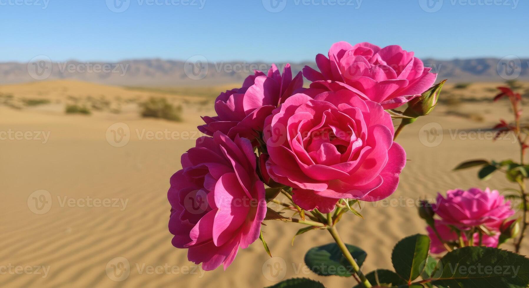 right Vibrant Pink Roses Blooming in Desert Landscape Under Clear Blue Sky photo