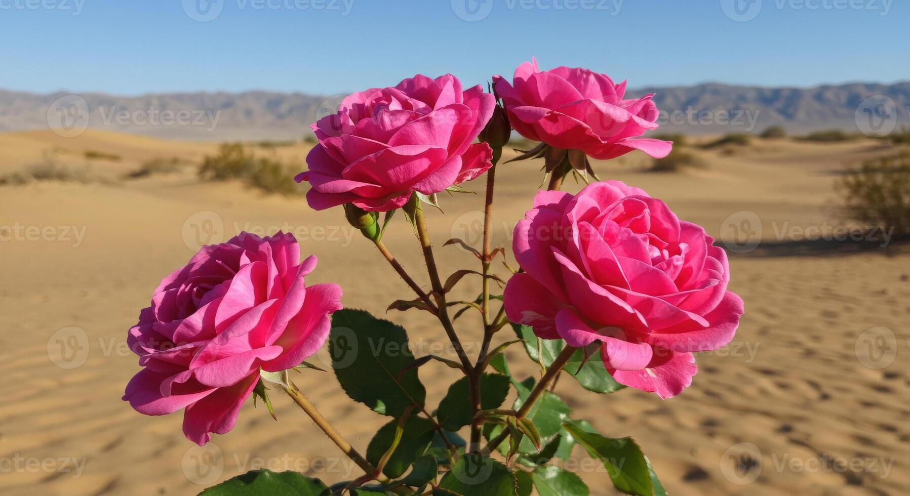 Vibrant Pink Roses Growing in the Desert Against a Clear Blue Sky photo