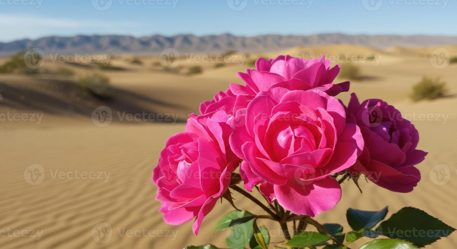 Vibrant Pink Roses Blooming in an Arid Desert Landscape Under Clear Blue Sky photo