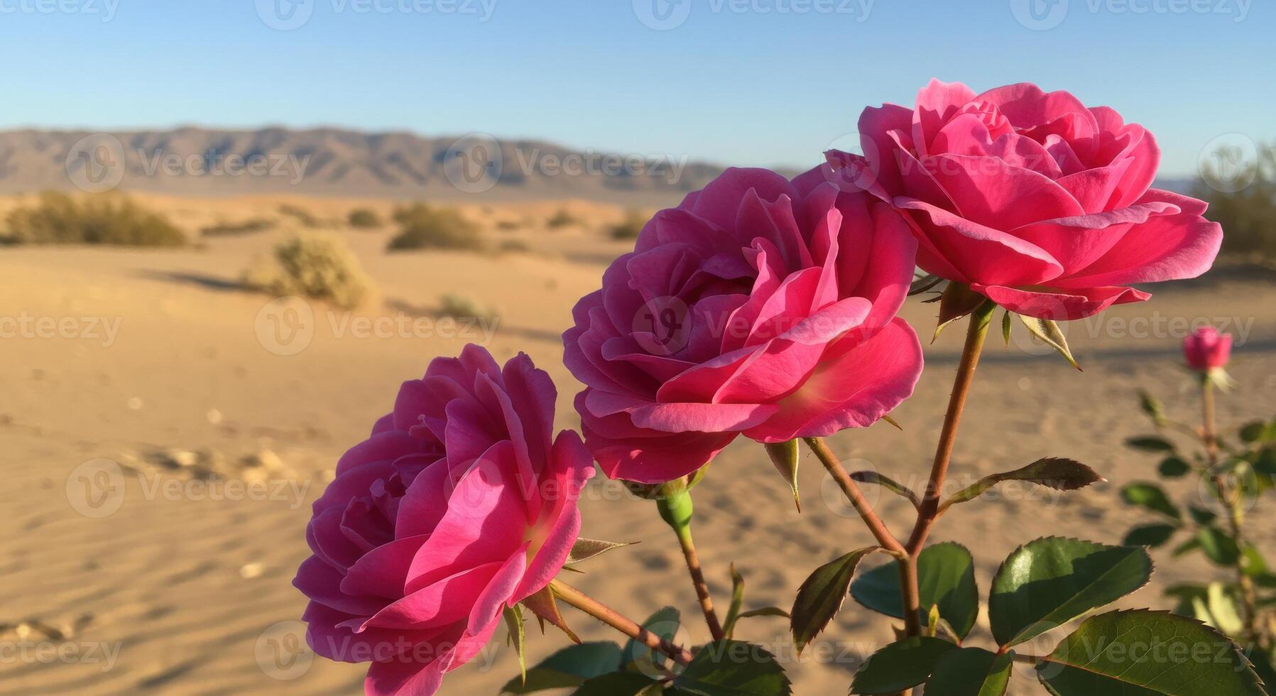 Captivating Pink Roses Blooming in the Desert Landscape Against Scenic Mountains photo