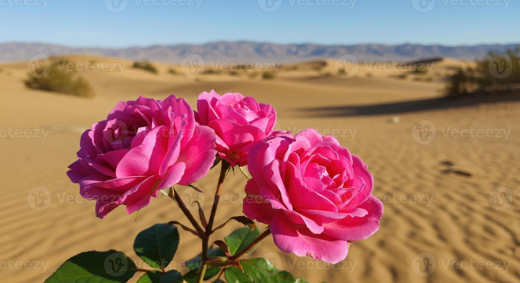 Vibrant Pink Roses Blooming in Desert Landscape Under Bright Blue Sky photo