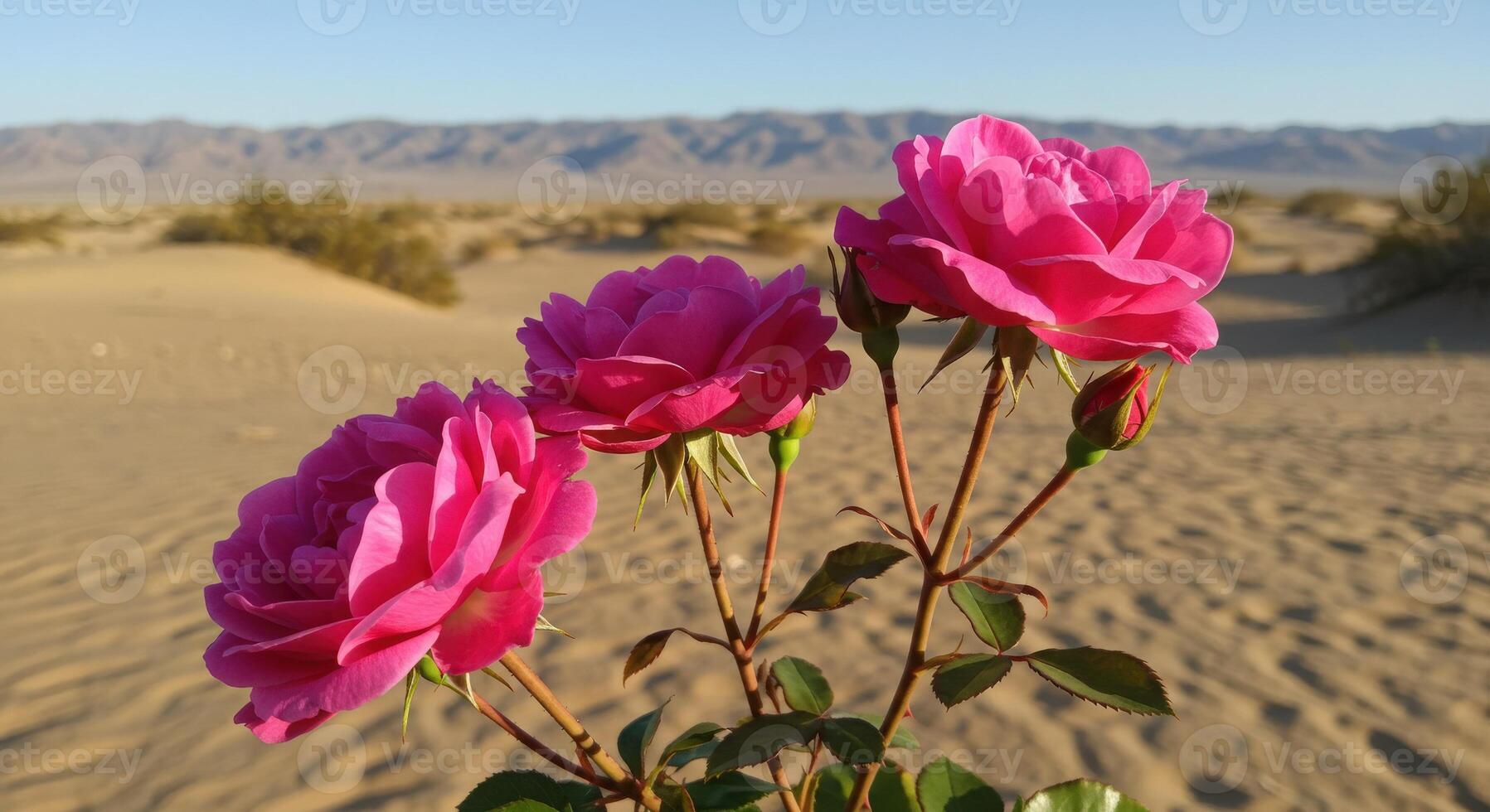 Vibrant Pink Roses Blooming in Sandy Desert Landscape Under Clear Blue Sky photo