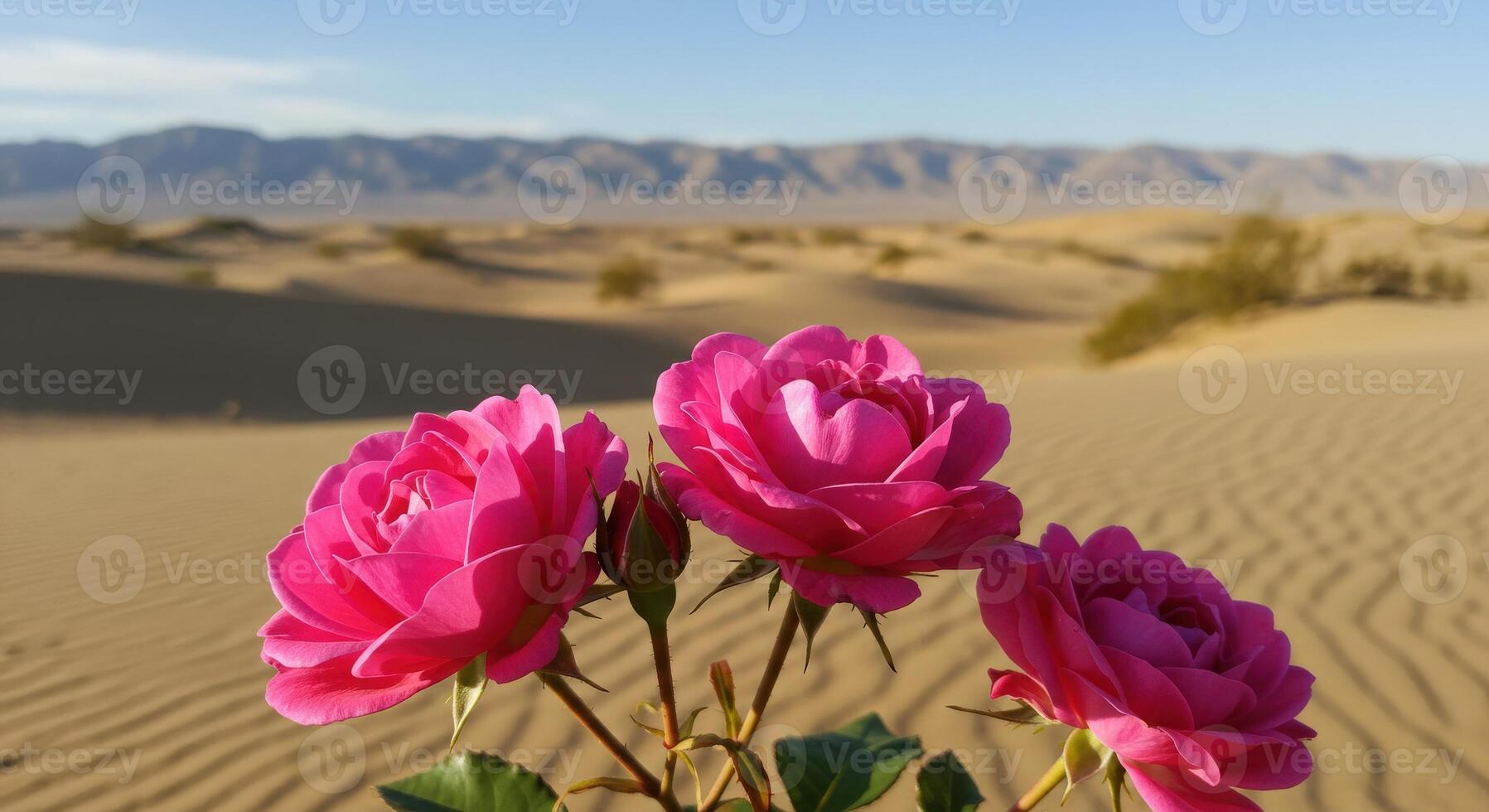 Vibrant Pink Roses Blooming in the Desert Landscape with Soft Dunes photo