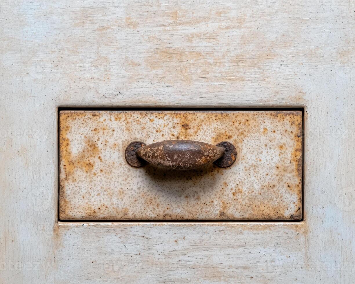 Close up of a rusty drawer handle on a wooden cabinet photo