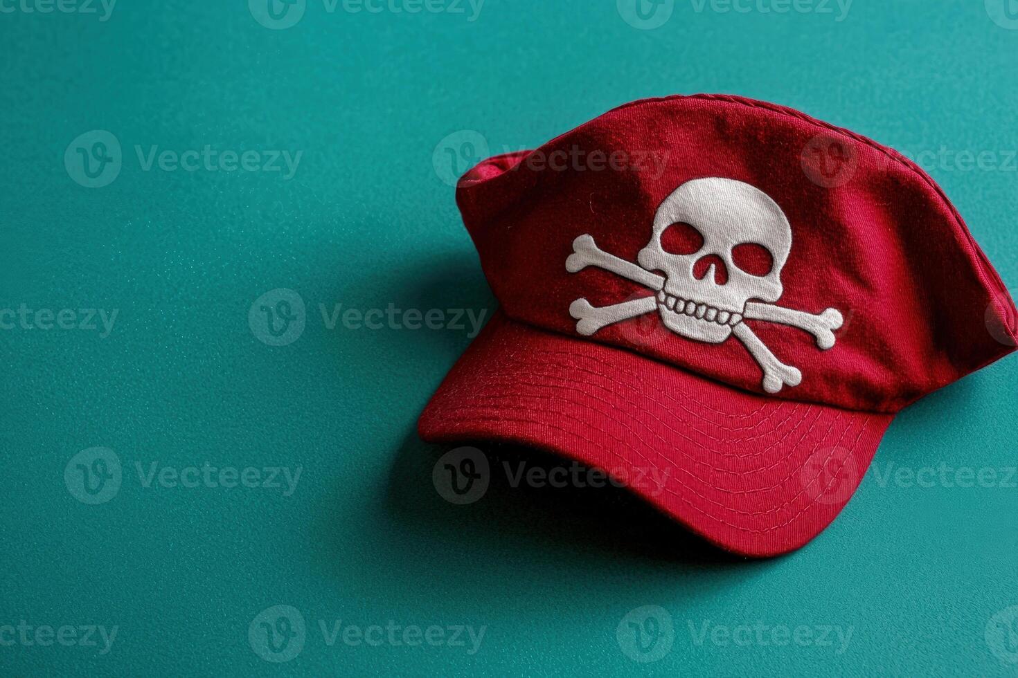 Red pirate hat with skull and crossbones on a teal background photo