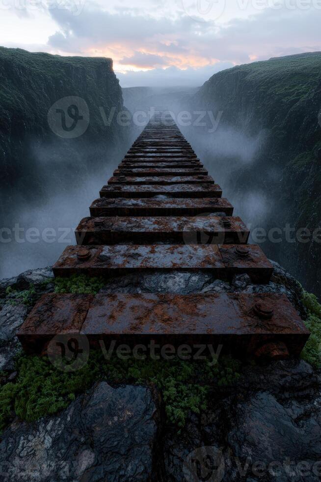 A long, rusty staircase leads into the misty distance photo