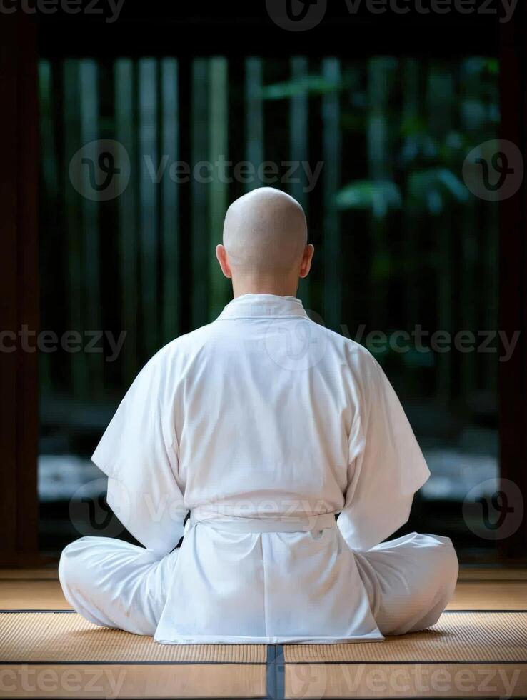 Zen monk meditating in a temple photo