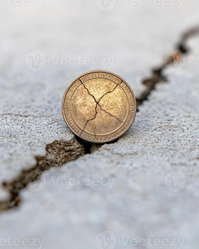 Cracked coin on concrete surface, symbolizing financial crisis or broken savings photo