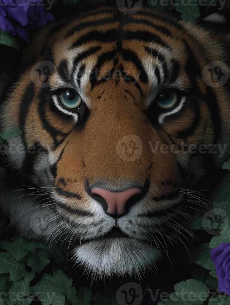 Close up of a tigers face surrounded by greenery photo