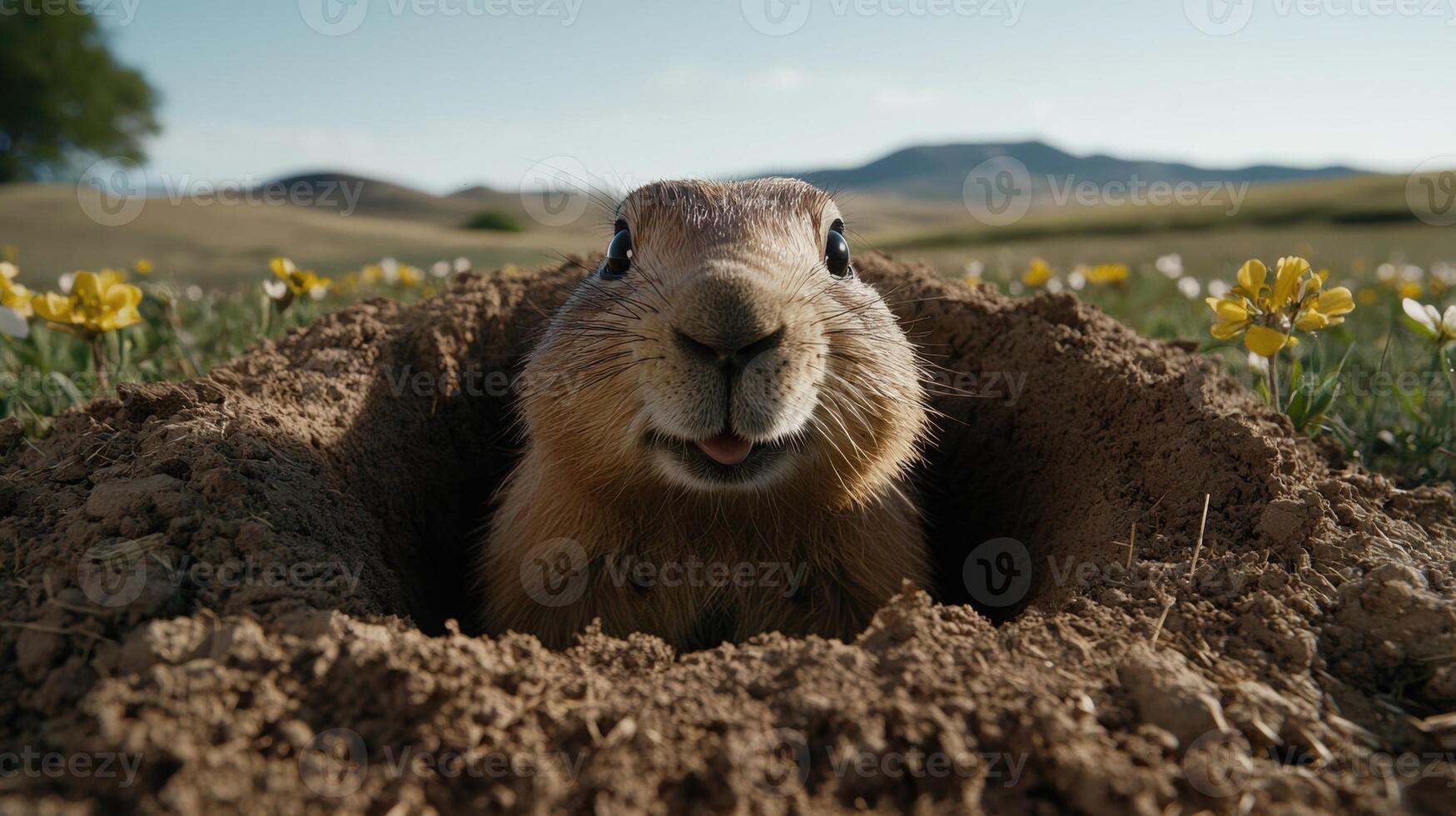 A prairie dog pops out of its burrow in a field of wildflowers photo