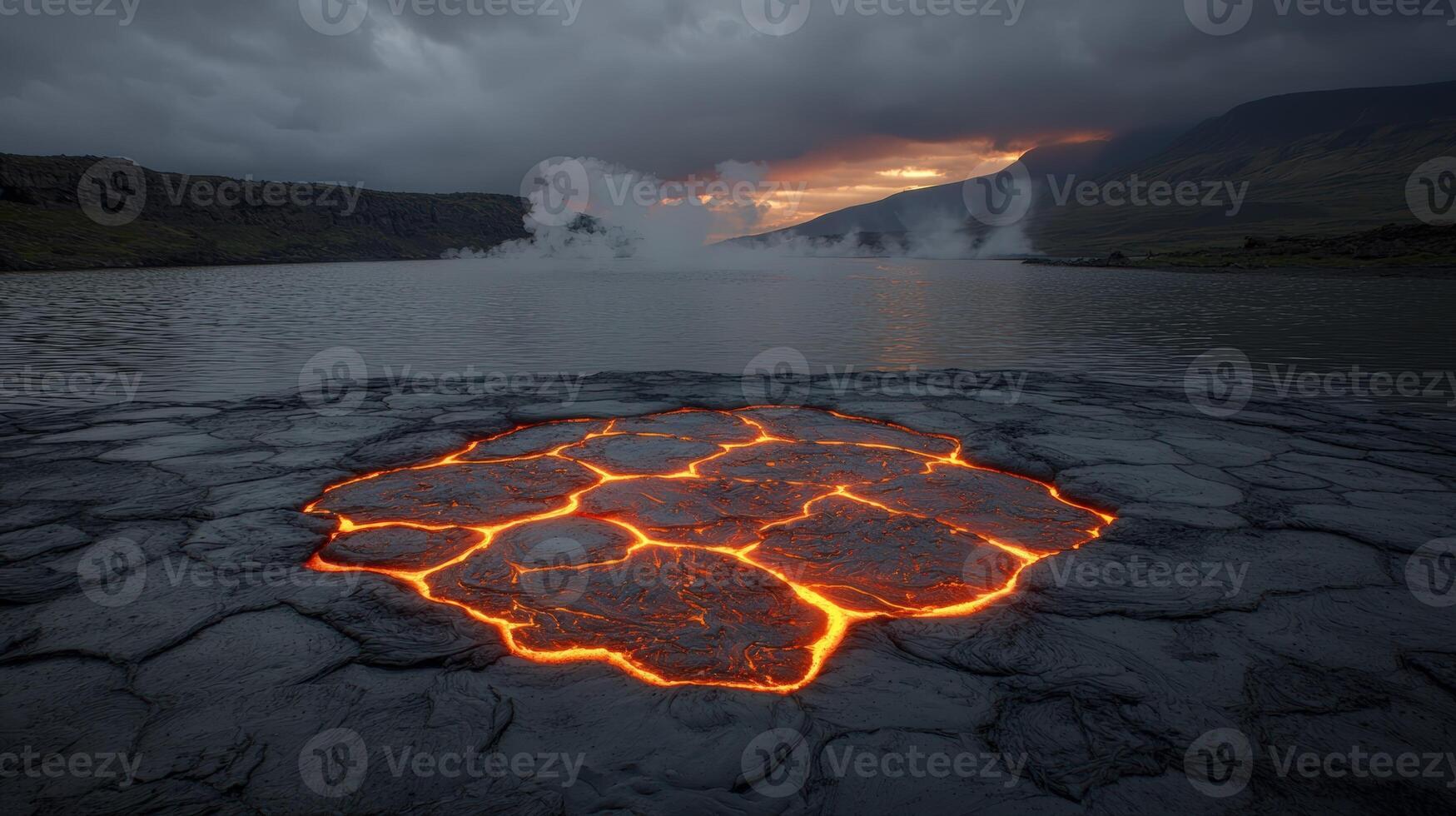 Volcanic landscape with lava field and geothermal lake photo