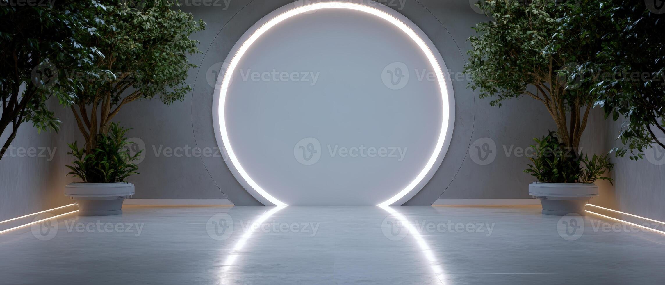 Illuminated circular portal with trees in a modern interior photo