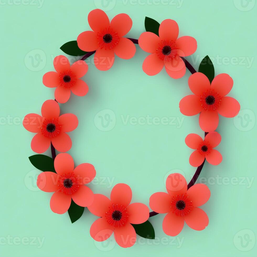 Floral wreath with red flowers and green leaves on a light green background photo
