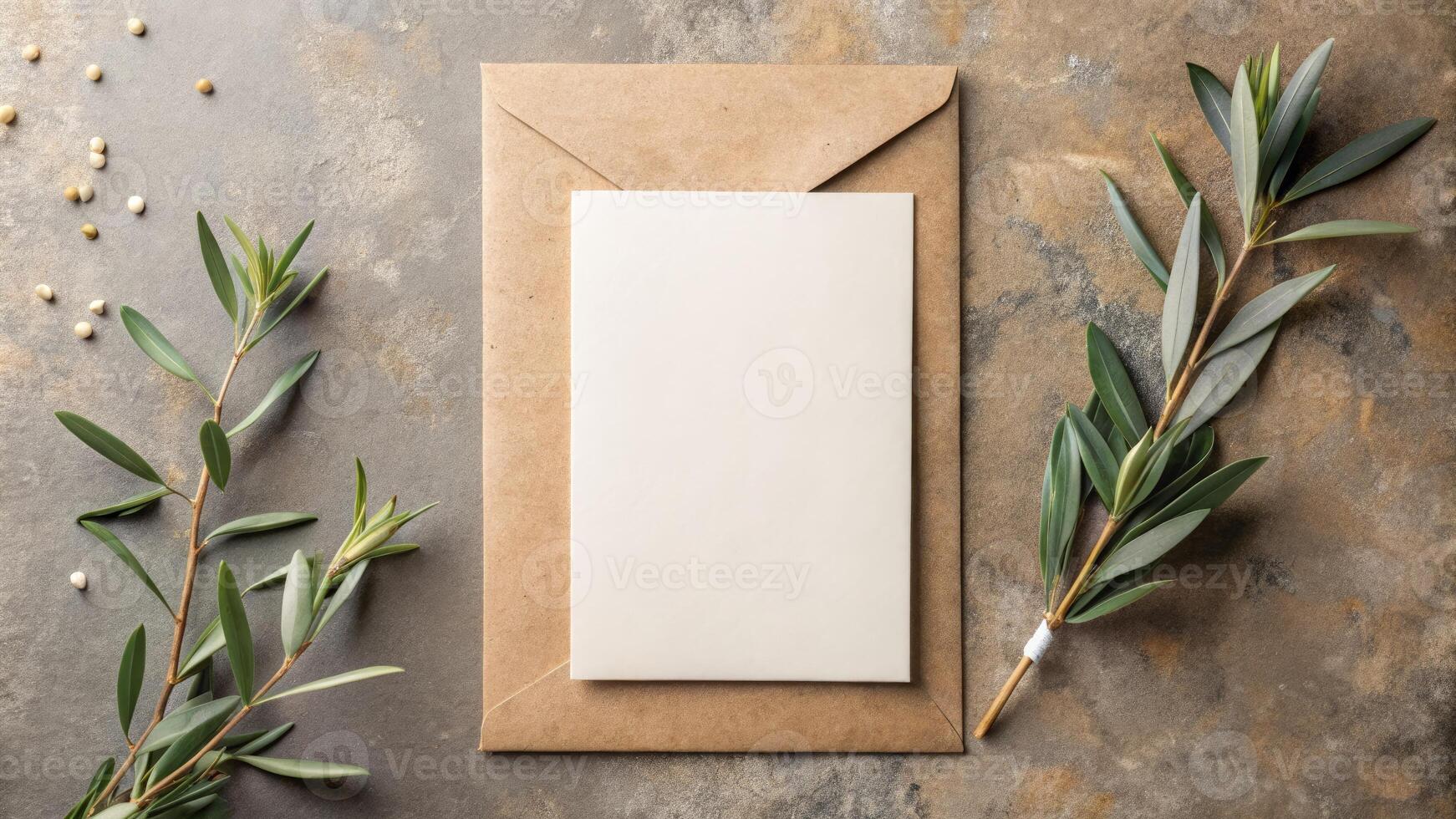 Blank card with olive branches on a rustic background. photo